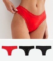 New Look 3 Pack Black Zebra Flocked and Red Lace Trim Thongs